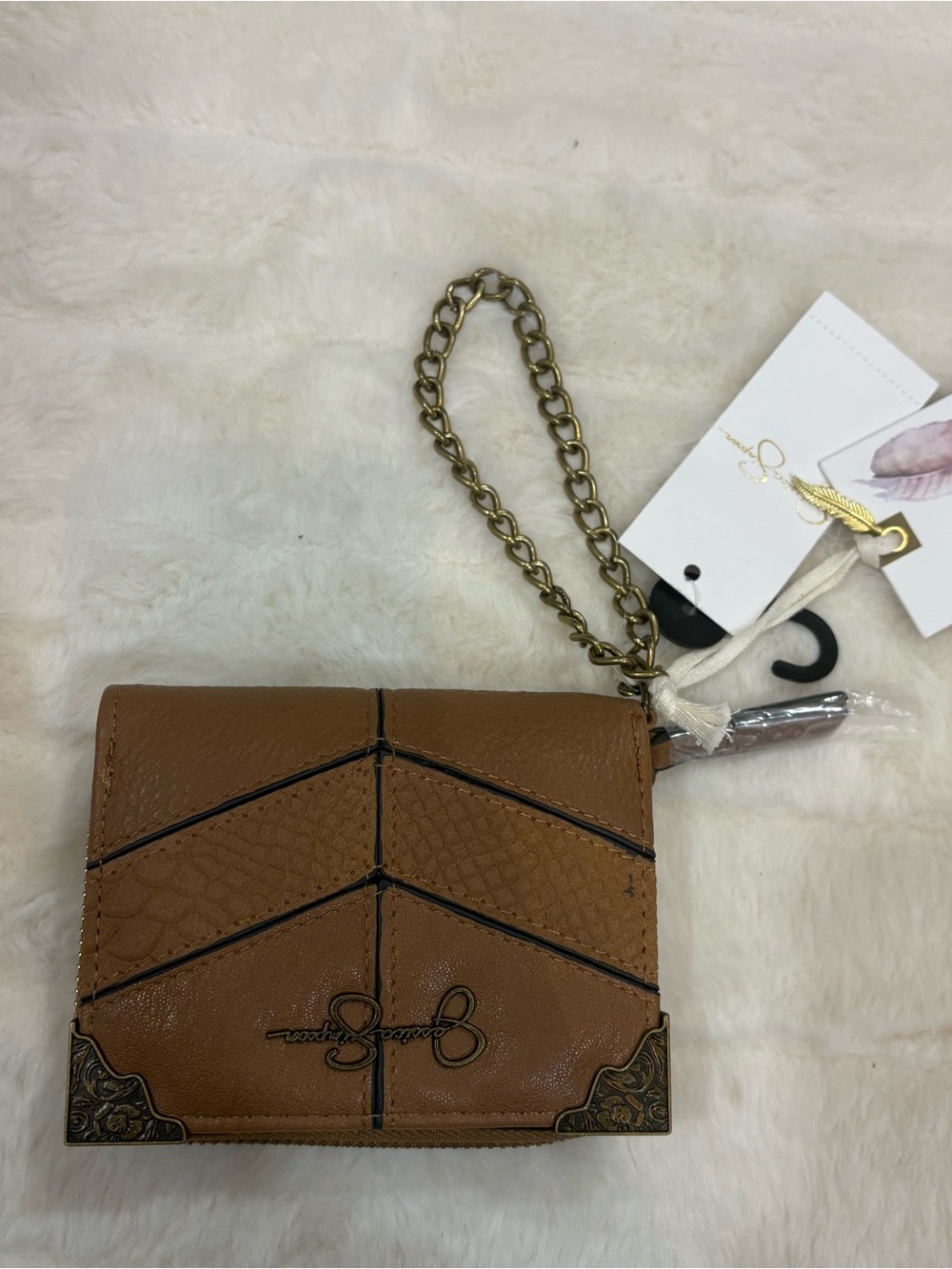 Jessica Simpson Brown Chevron Leather Wristlet with Chain Strap
